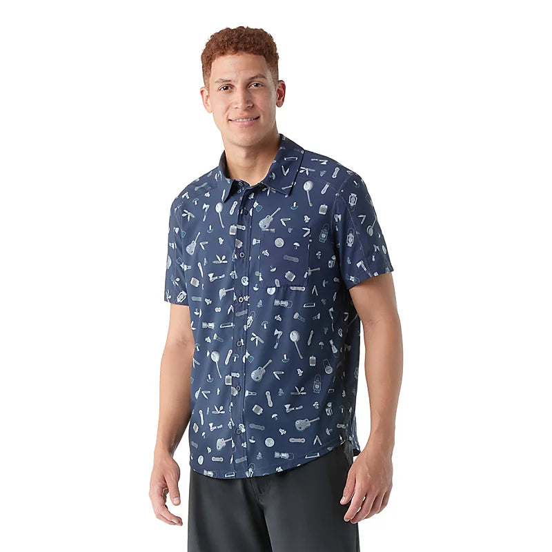 Smartwool Men's Everyday Short Sleeve Button Down Deep Navy/Gone Campin' Model Front