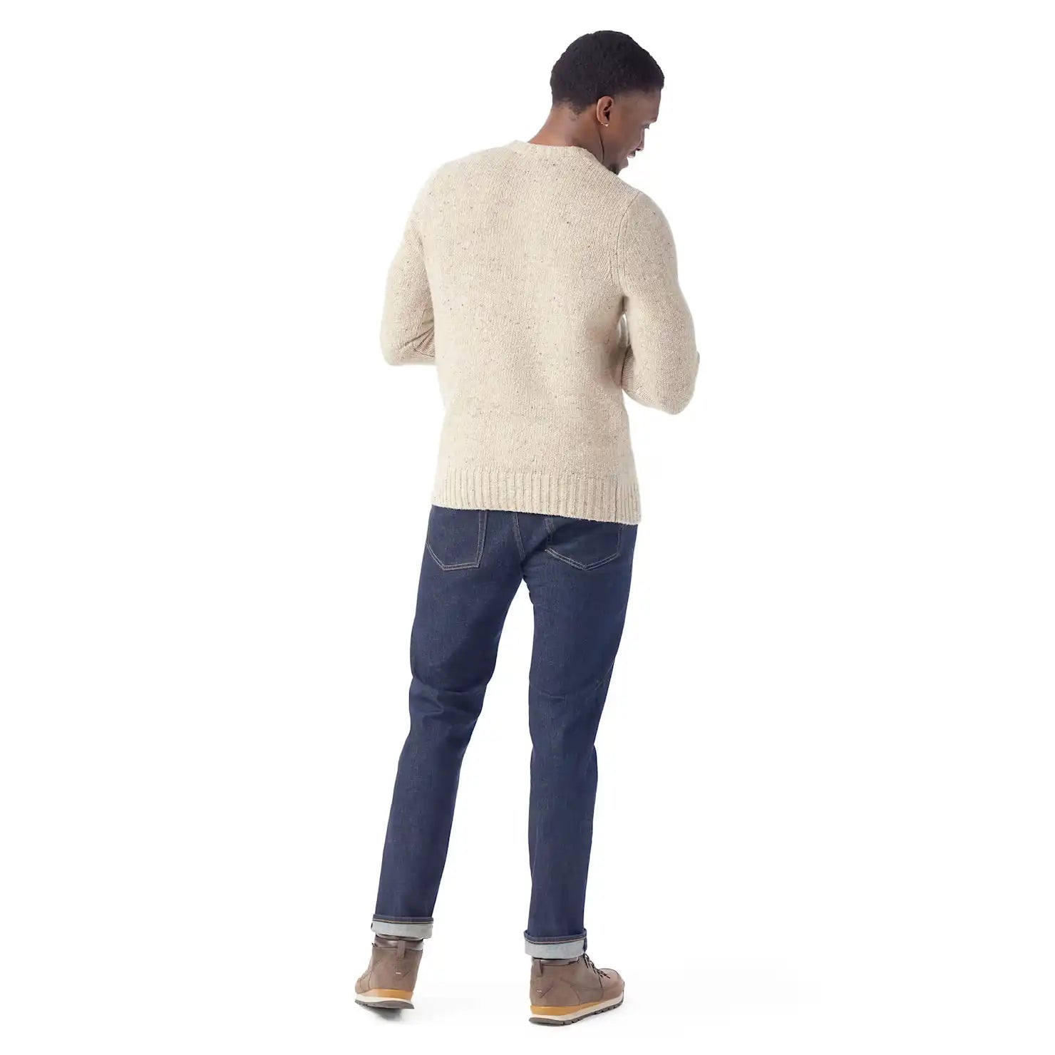 smartwool mens heavy crew sweater in oat heather back model view