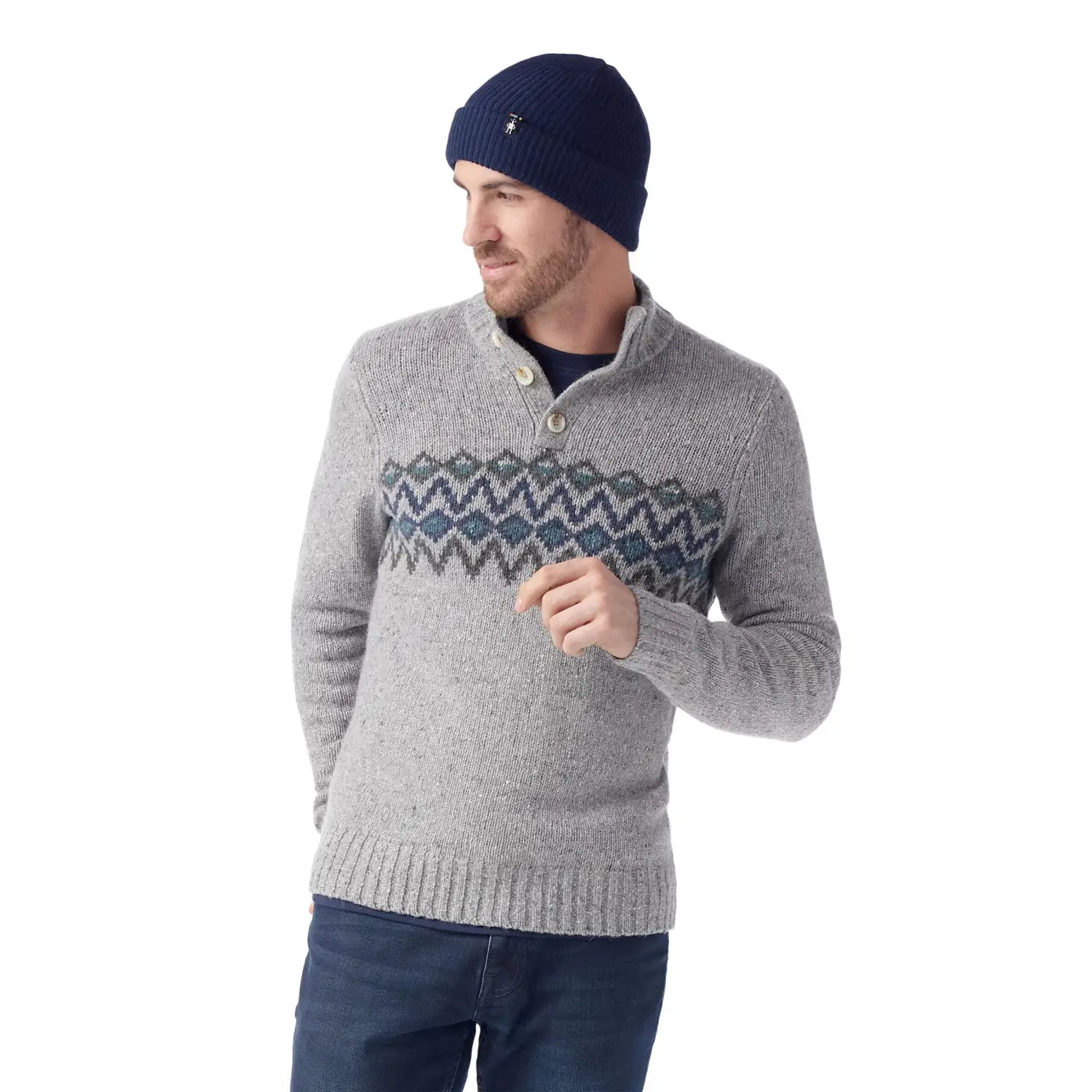 Smartwool Men's Heavy Henley Sweater shown in the Light Grey Heather color option. Front view. 