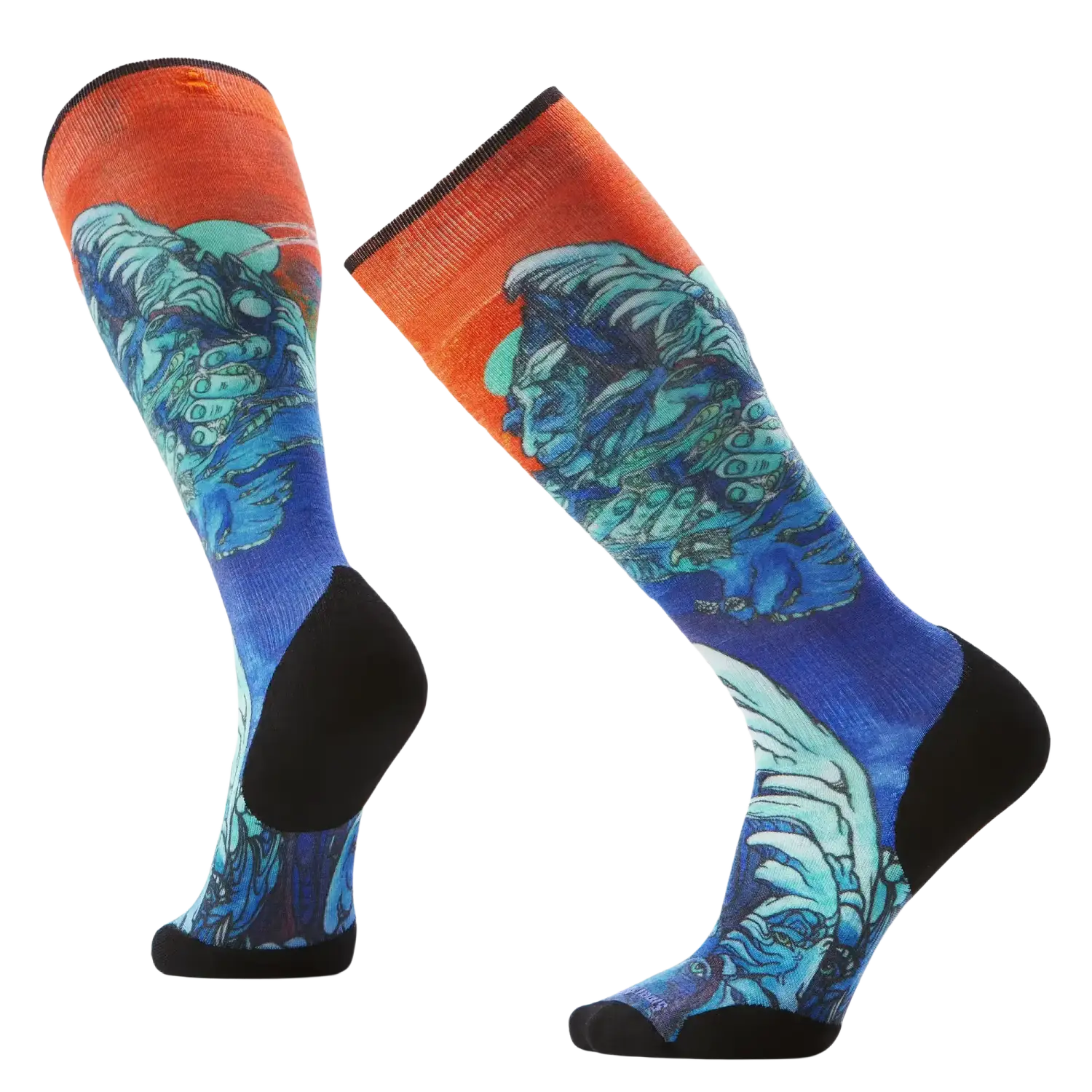 Colorful socks with a blue and orange design on a white background
