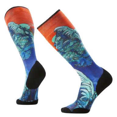 Colorful socks with a blue and orange design on a white background