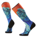 Colorful socks with a blue and orange design on a white background