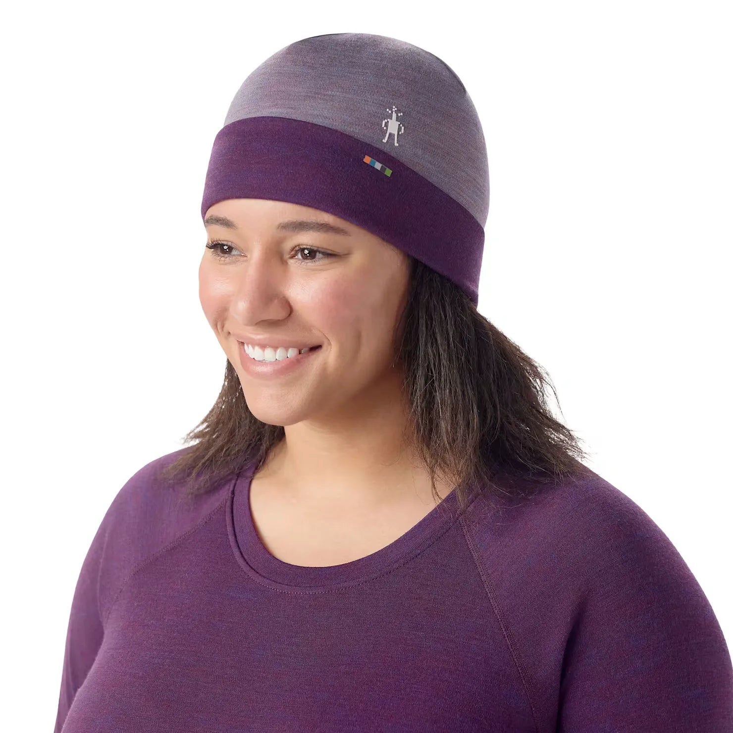 smartwool thermal merino reversible cuffed beanie in chalk violet heather front model view