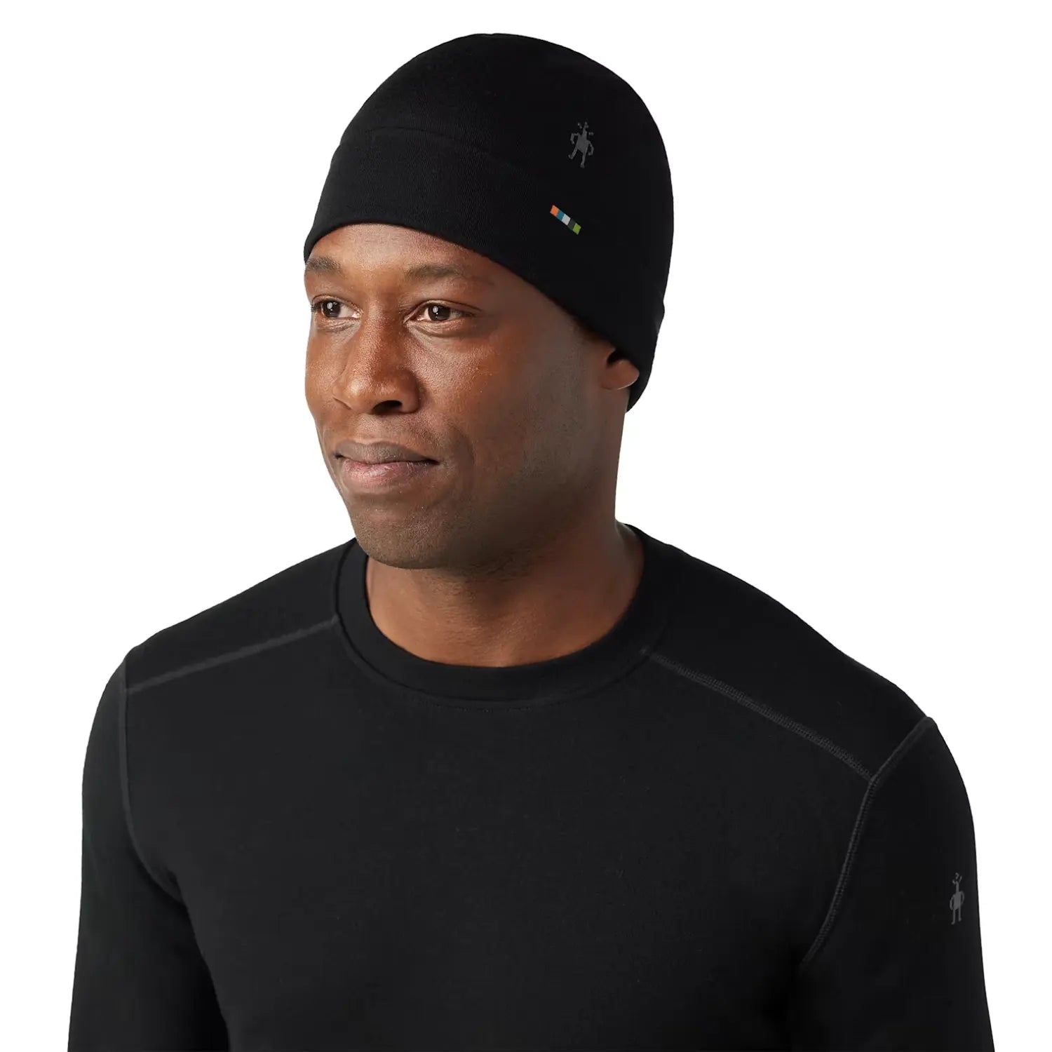 smartwool thermal merino reversible cuffed beanie in black front model view