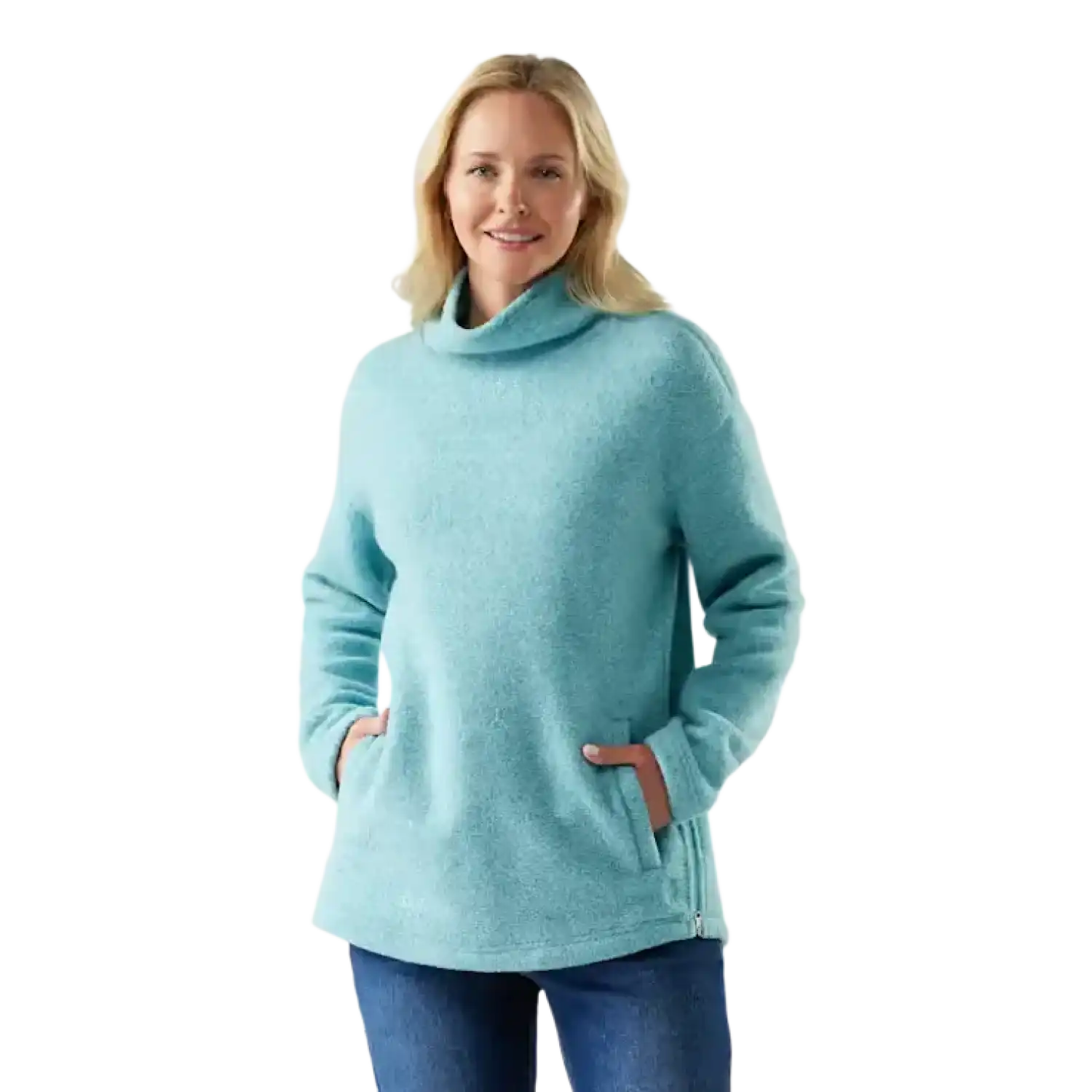 Smartwool Women's Second Cut™ Fleece Pullover in Pacific Blue, front view on model 