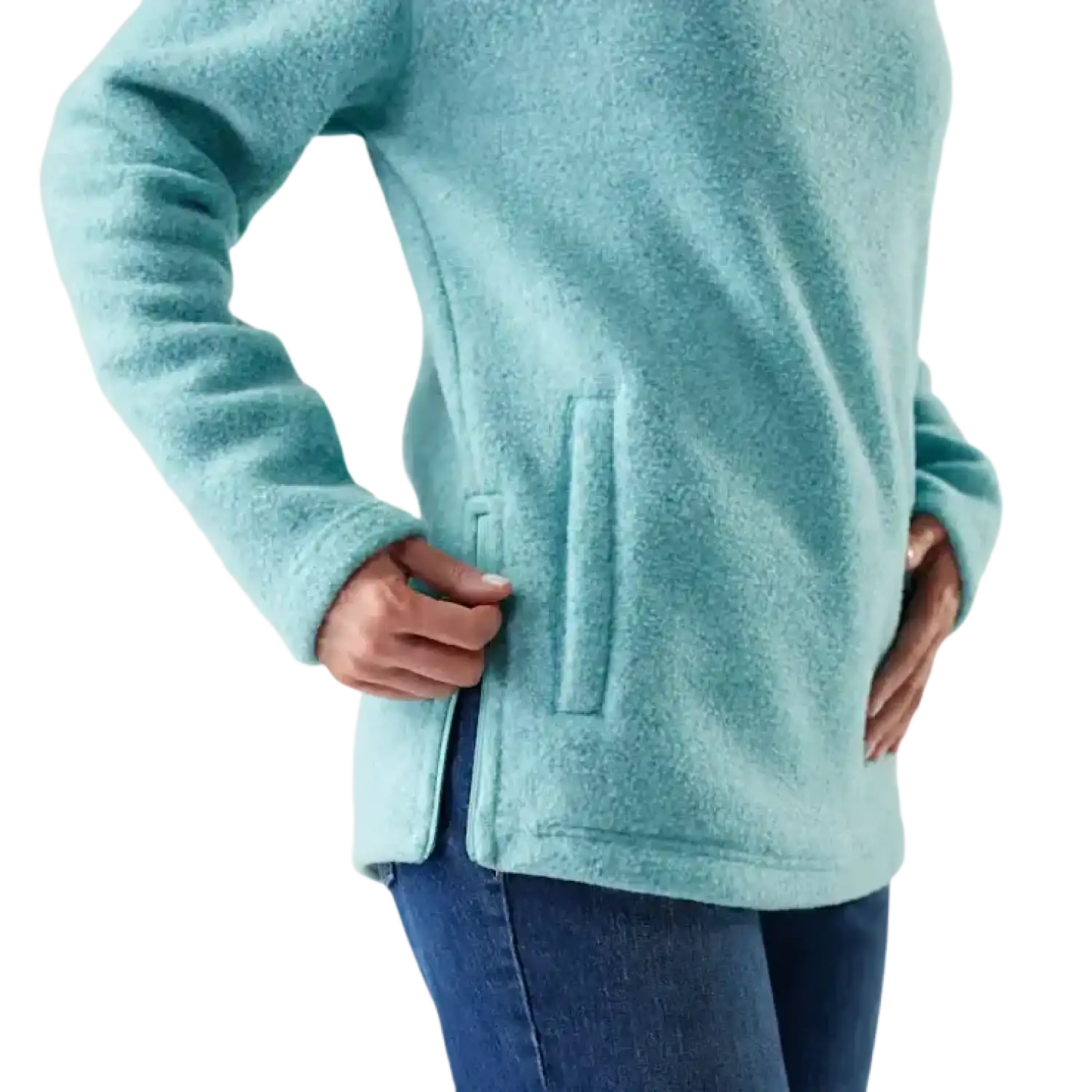 Smartwool Women's Second Cut™ Fleece Pullover in Pacific Blue, side view on model
