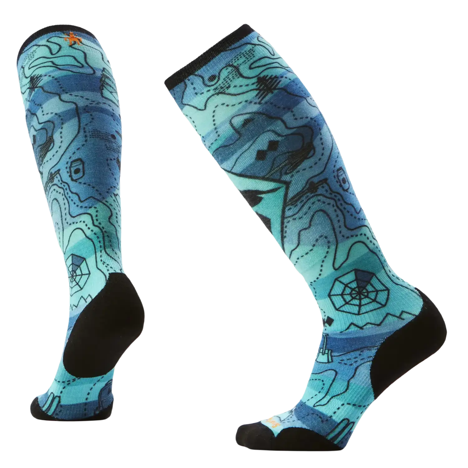 Pair of blue patterned socks on a light gray background