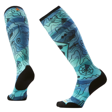 Pair of blue patterned socks on a light gray background