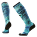Pair of blue patterned socks on a light gray background