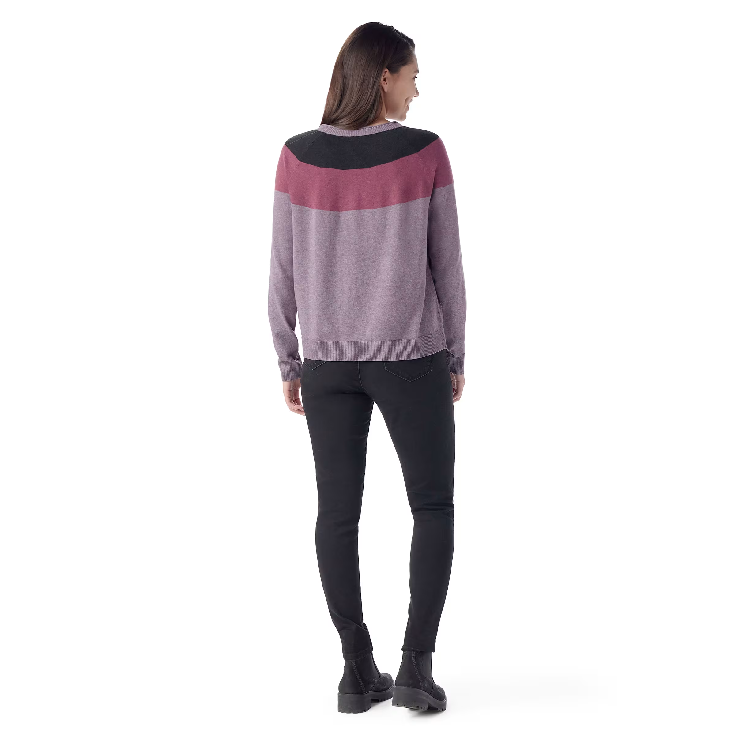 smartwool womens edgewood colorblock crew sweater in chalk violet heather back model view