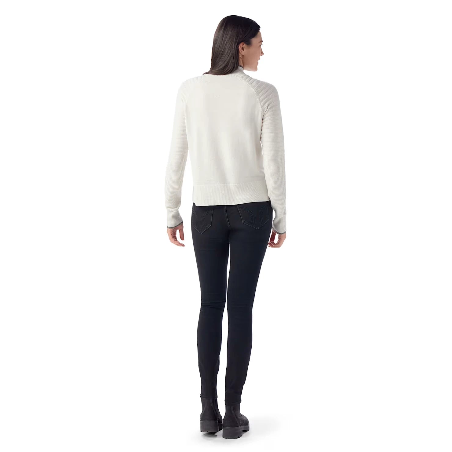 smartwool womens edgewood mock neck sweater in natural donegal back model view