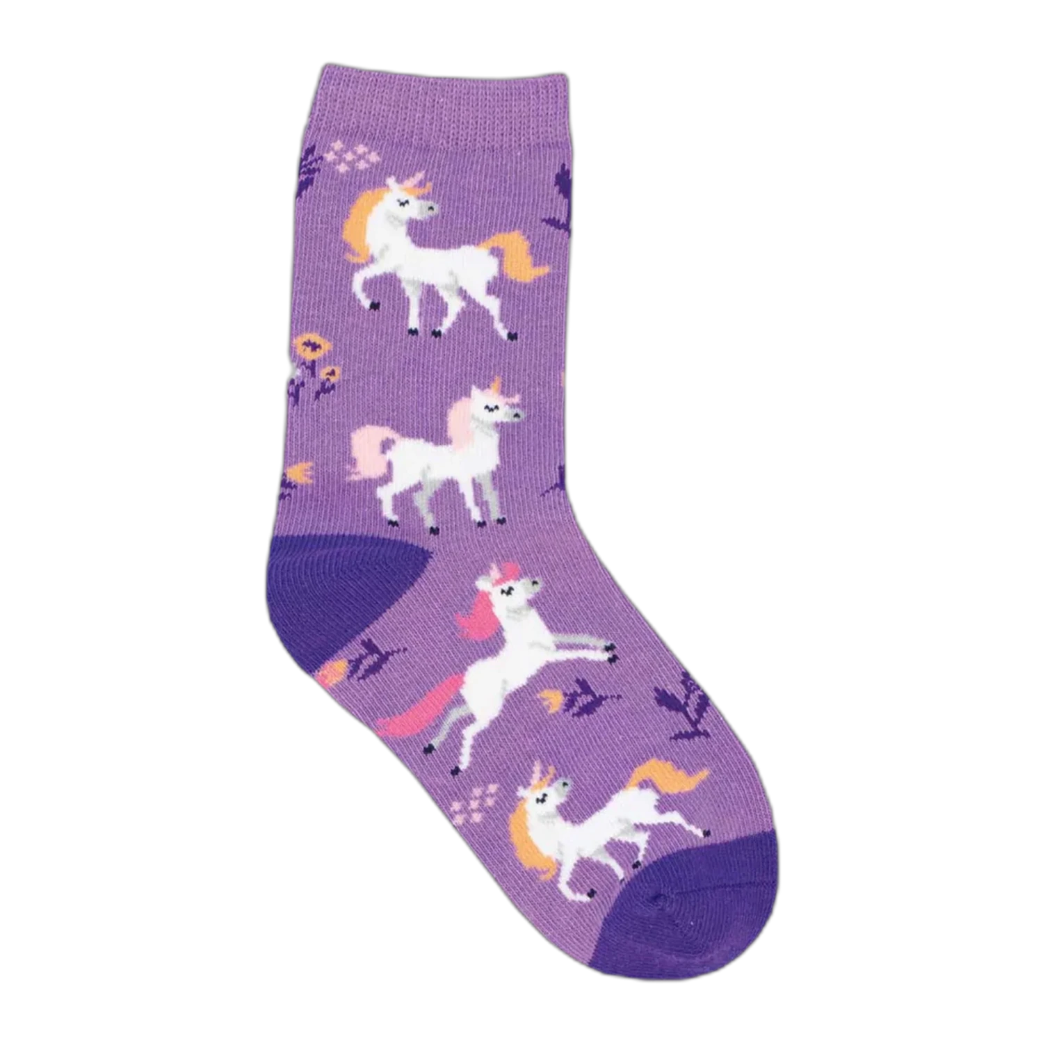 Socksmith Kid's Cotton Crew Sock in purple unicorn flowers