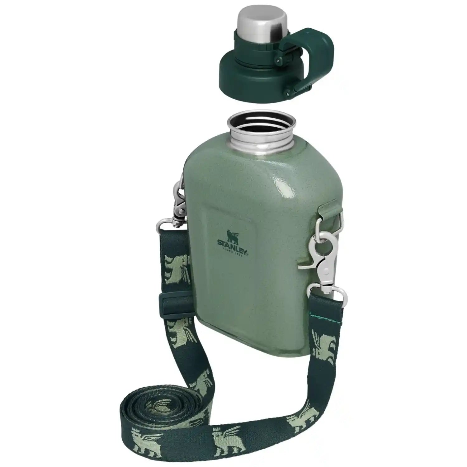 Stanley The Legendary Classic Canteen, Hammertone Green, side and front view