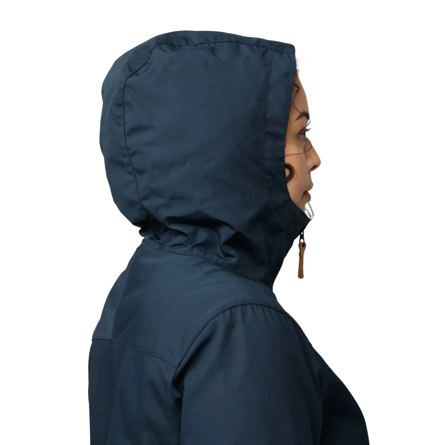 Fjall Raven Women's Stina Jacket in navy, on model hood up view