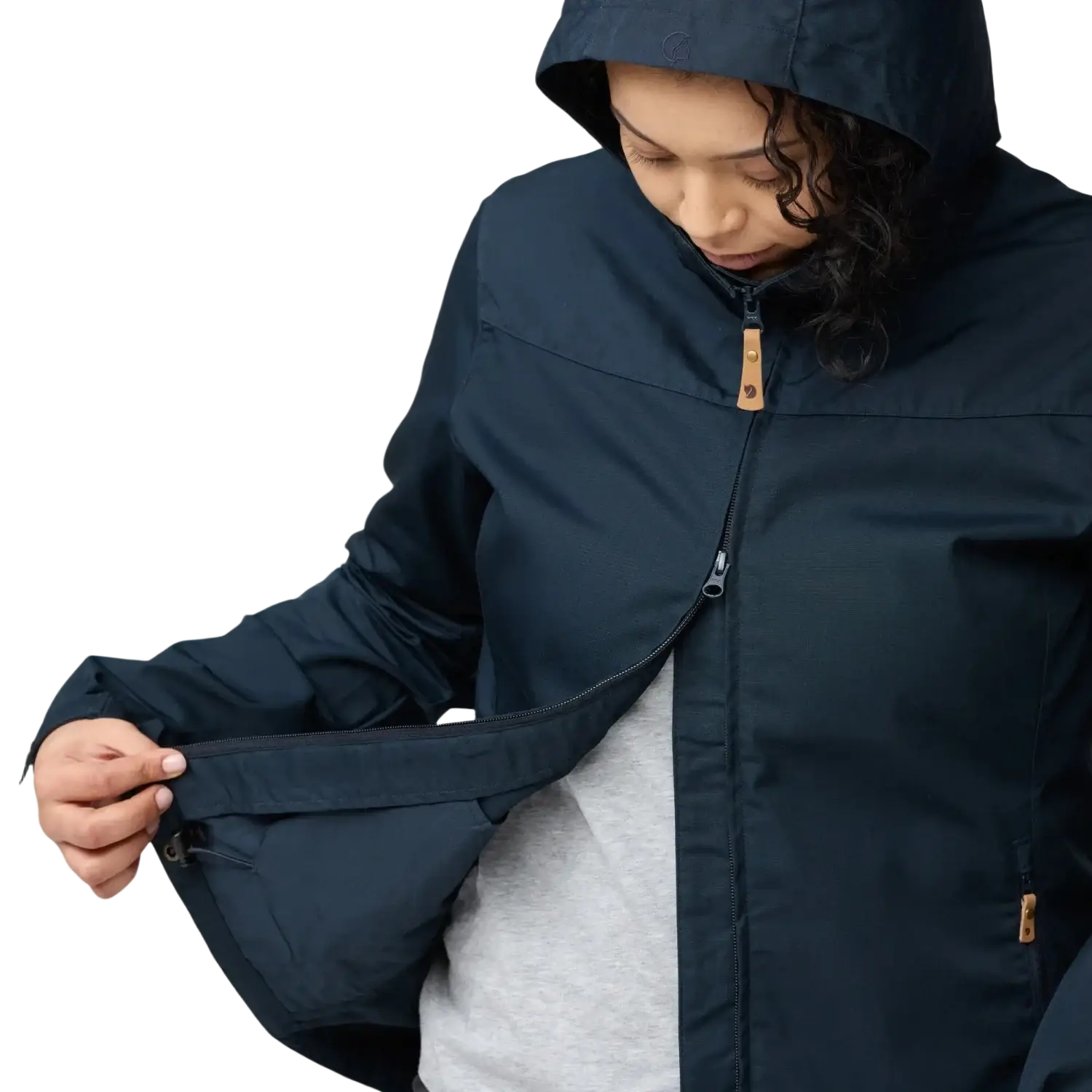 Fjall Raven Women's Stina Jacket in navy, on model double zipper view