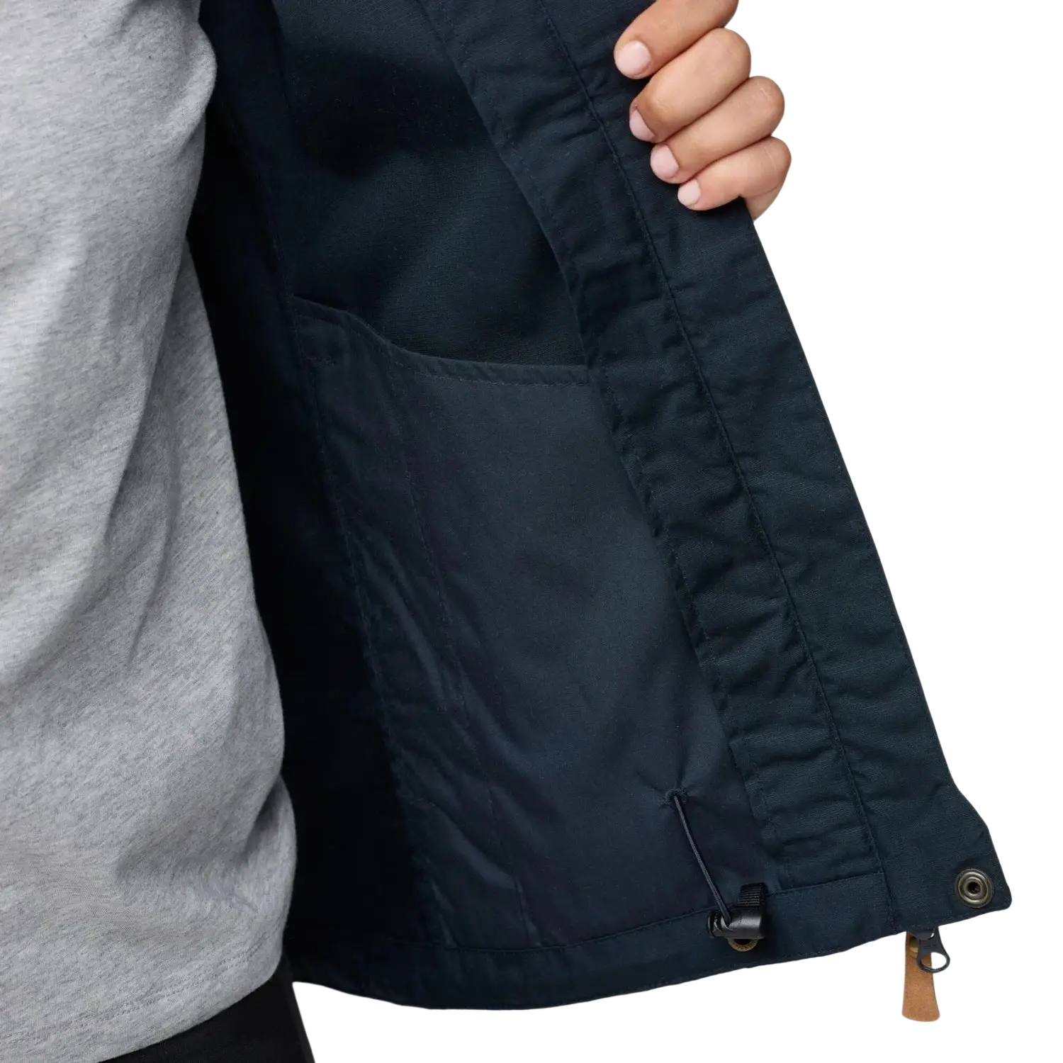 Fjall Raven Women's Stina Jacket in navy, on model inner pocket view