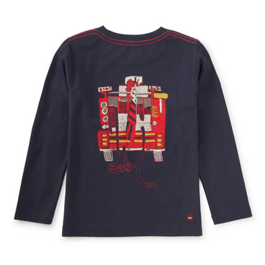 Tea Collection Boy's Fire Truck Graphic Tee in navy, flat back view