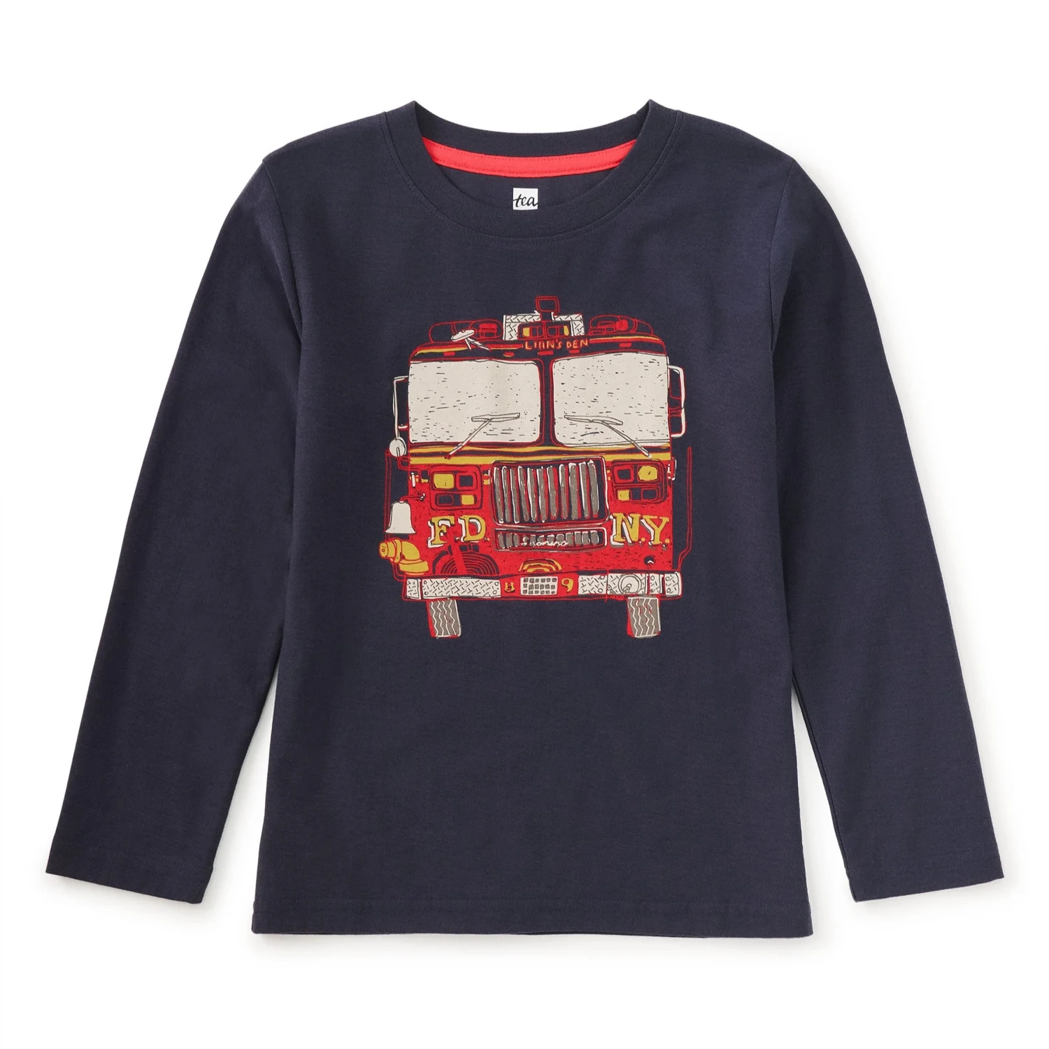 Tea Collection Boy's Fire Truck Graphic Tee in navy, flat front view