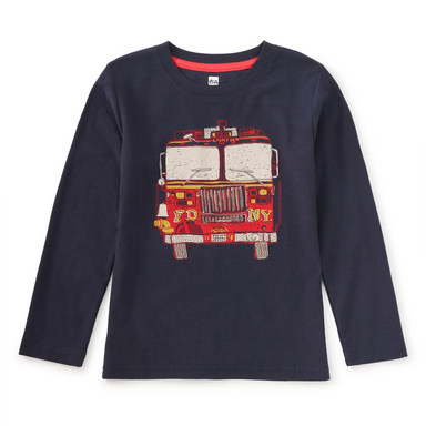 Tea Collection Boy's Fire Truck Graphic Tee in navy, flat front view