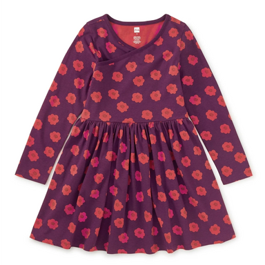 Tea Collection Girl's Long Sleeve Wrap Neck Dress in simple chrysanthemums, flat front view