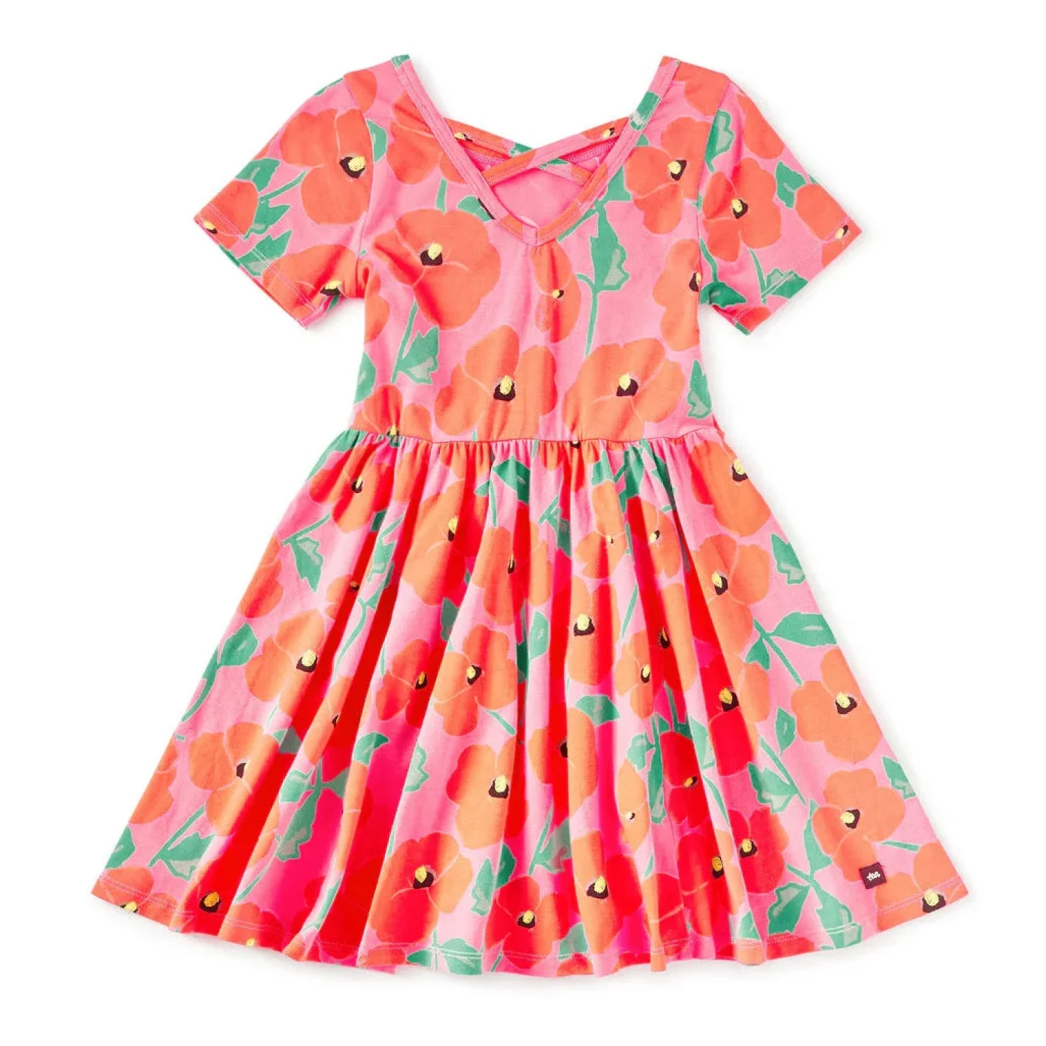 Tea Collection Girl's Short Sleeve Ballet Dress in poppy poppies, flat back view