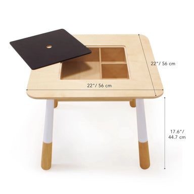 Wooden children's table with measurements on a white background