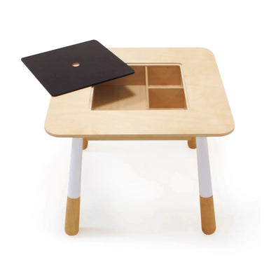 Childrens wooden table, white and beige with removable center lid.