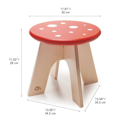 Wooden stool with red top and measurements on a white background
