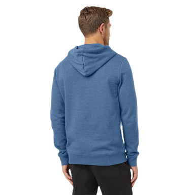 Tentree Men's Retro Juniper Classic Hoodie shown on model in the CCanyon Blue Heather Sandstone color. Back view.