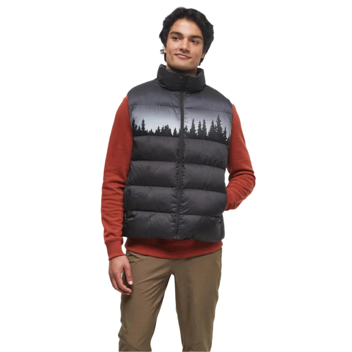 tentree mens cloud shell juniper puffer vest in meteorite black white front model view