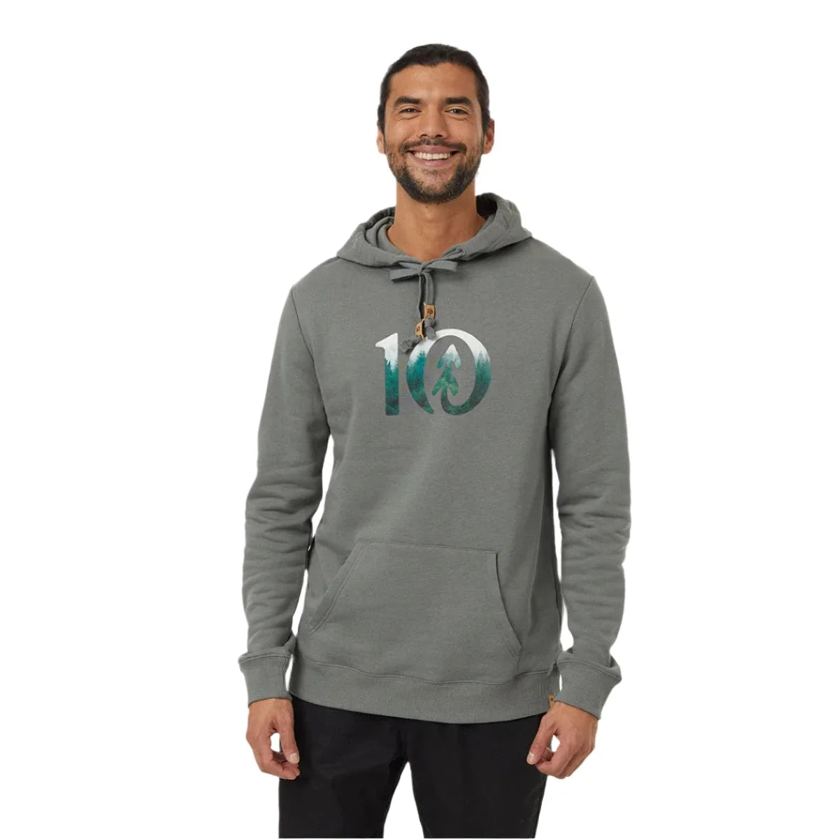 tentree mens photo forest ten hoodie in mineral forest green front model view