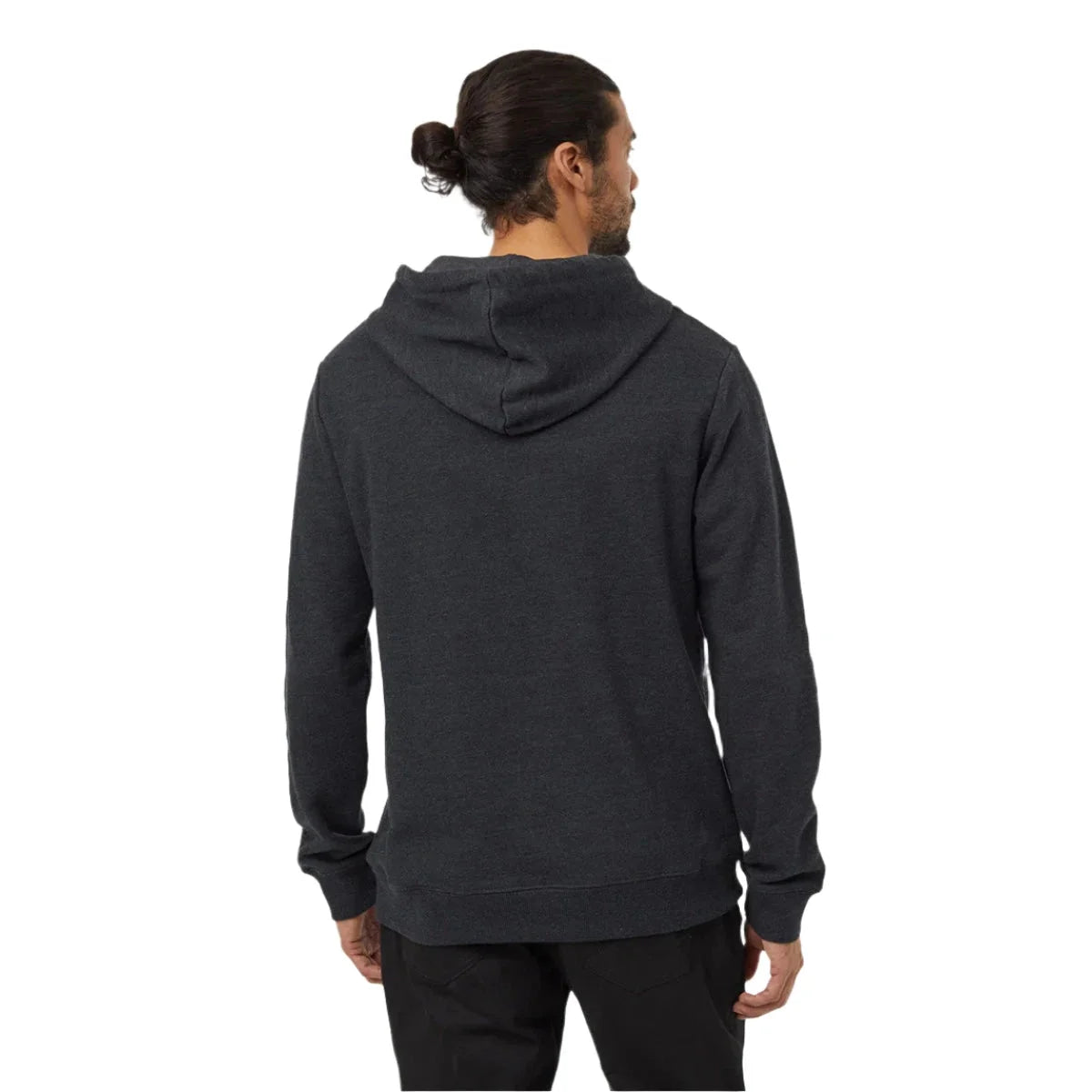 tentree mens sasquatch hoodie in meteorite black heather lumberjack back model view