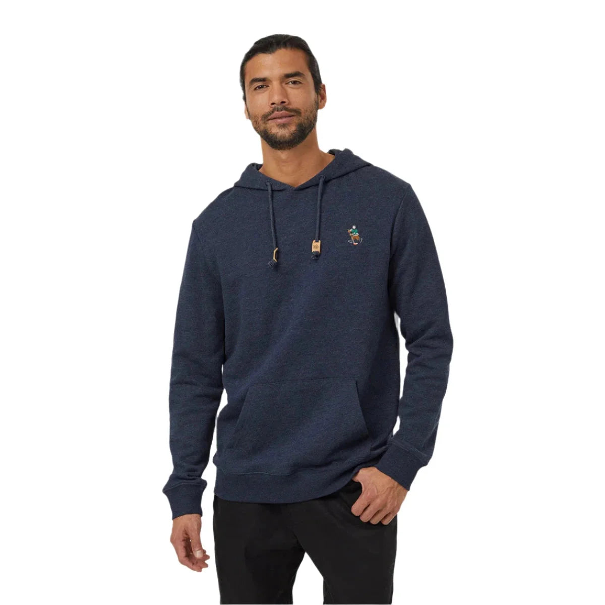 tentree mens Sasquatch hoodie in midnight blue heather hockey front model view