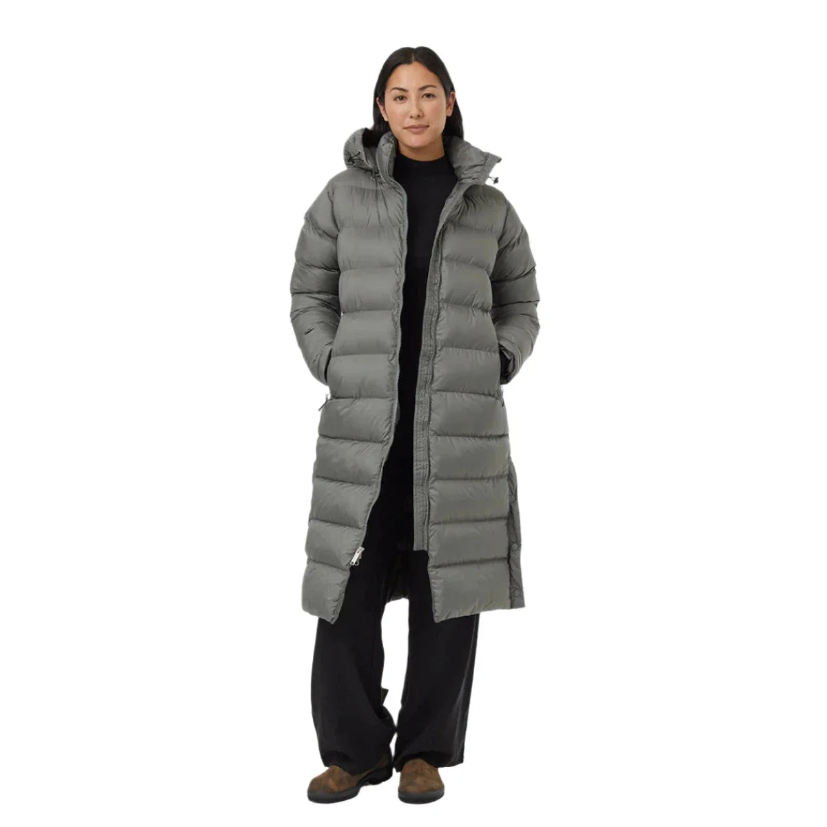 tentree women's cloud shell long puffer in mineral front model view