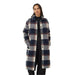 Tentree Women's Heavy Weight Flannel Long Jacket shown in Midnight Blue Cabin Plaid color option. Front view.