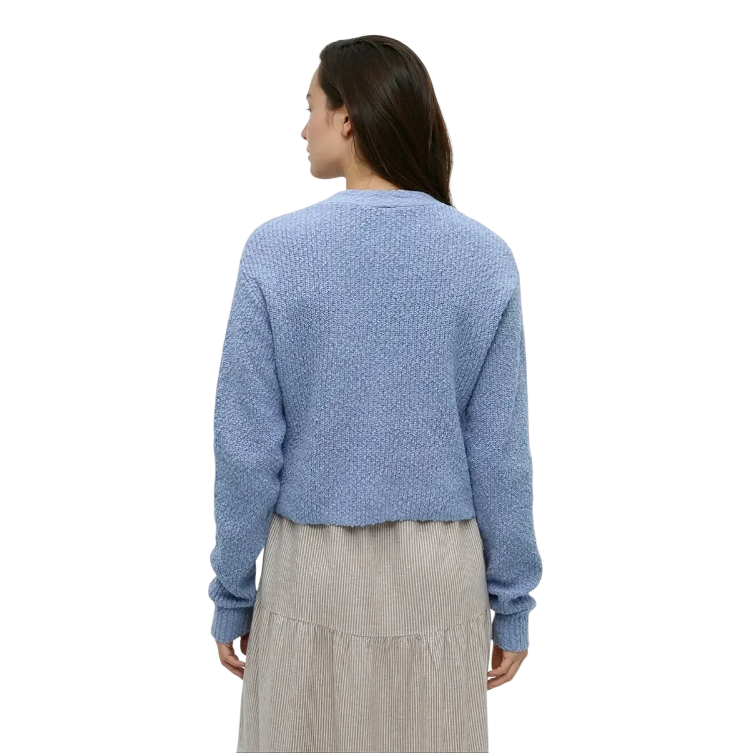 Tentree Women's Poplar Cardigan in lakeside blue, on model back view
