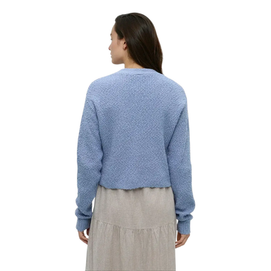 Tentree Women's Poplar Cardigan in lakeside blue, on model back view