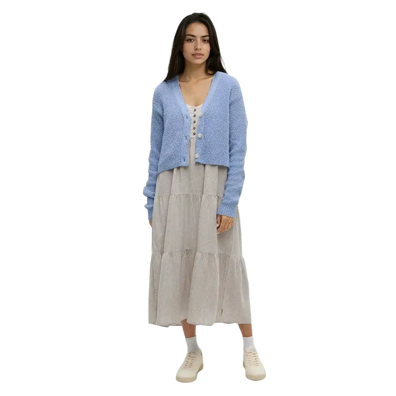 Tentree Women's Poplar Cardigan in lakeside blue, on model unbuttoned view