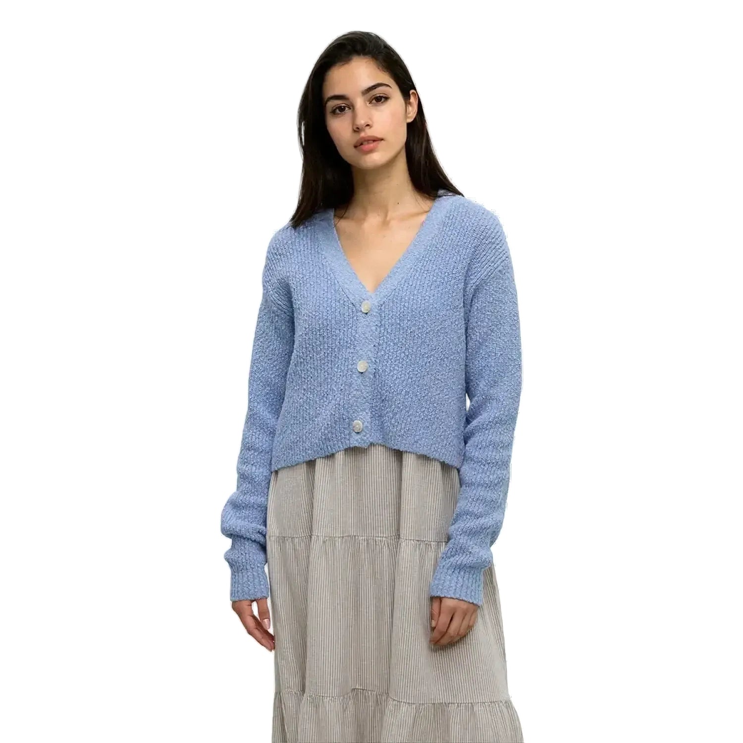 Tentree Women's Poplar Cardigan in lakeside blue, on model fro