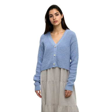 Tentree Women's Poplar Cardigan in lakeside blue, on model fro