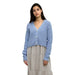 Tentree Women's Poplar Cardigan in lakeside blue, on model fro