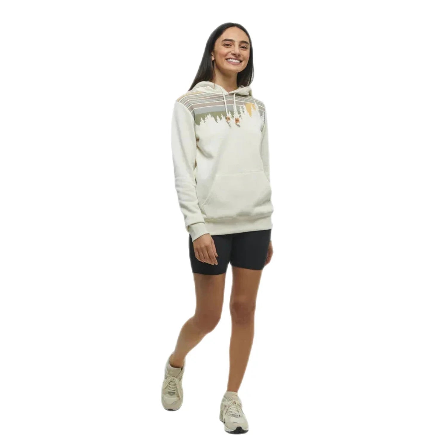 Tentree Women's Retro Juniper Classic Hoodie shown in the Undyed Driftwood color option. Front view. shown on model.