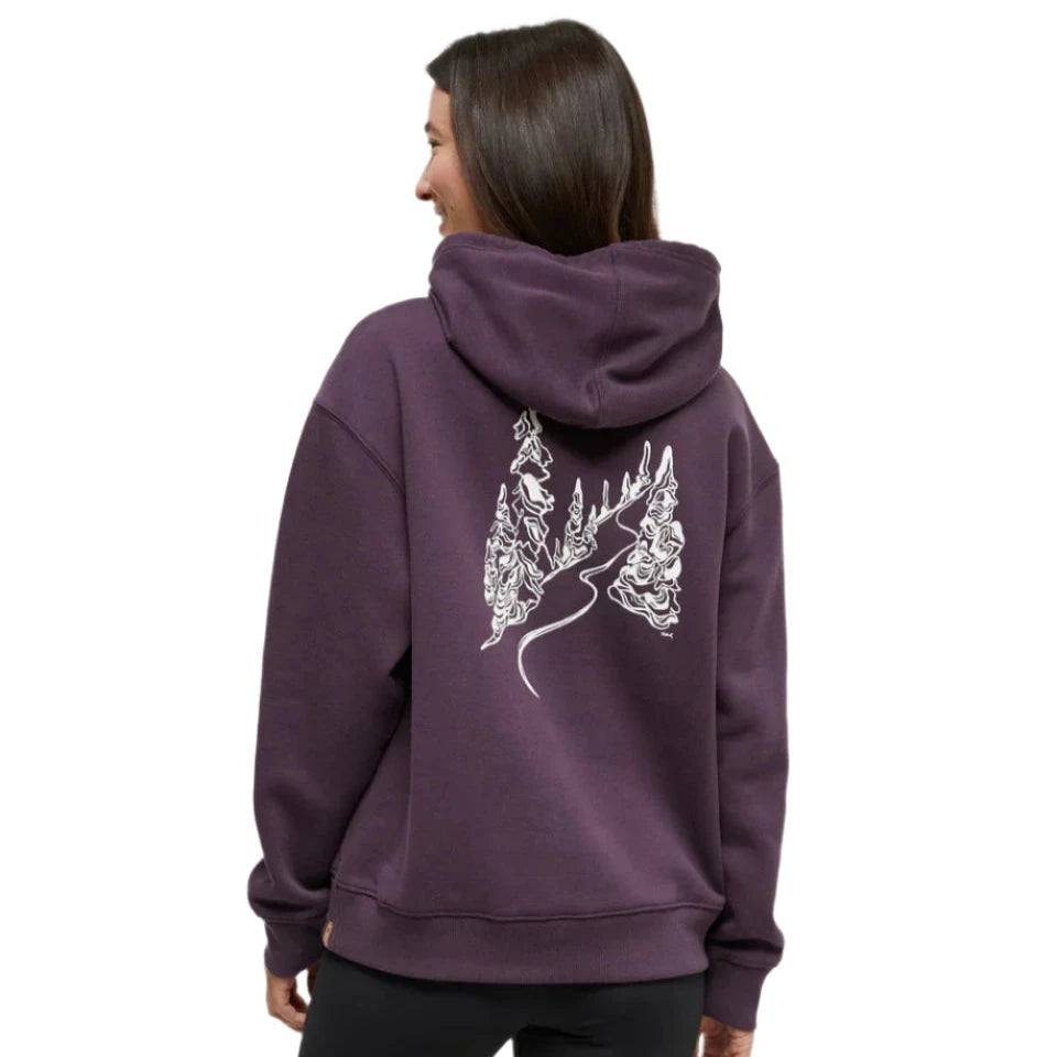 tentree womens snowy trees hoodie in midnight plum vintage white back model view