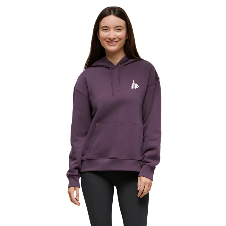 tentree womens snowy trees hoodie in midnight plum vintage white front model view