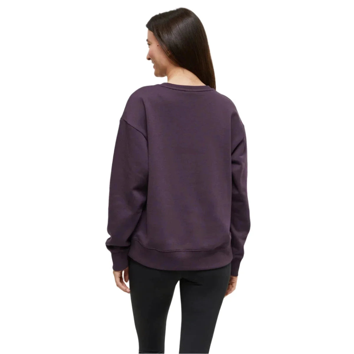 tentree women's twilight forest crew in midnight plum winter wheat back model view