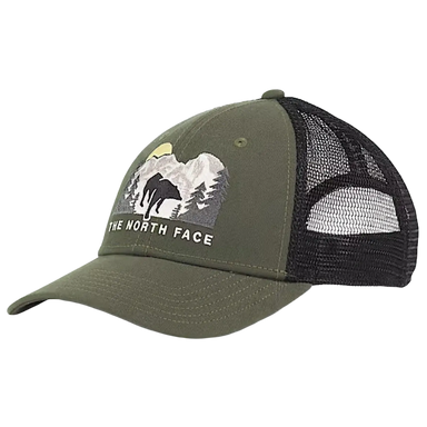 The North Face Embroidered Mudder Trucker Hat in new taupe green & bear, front angled view