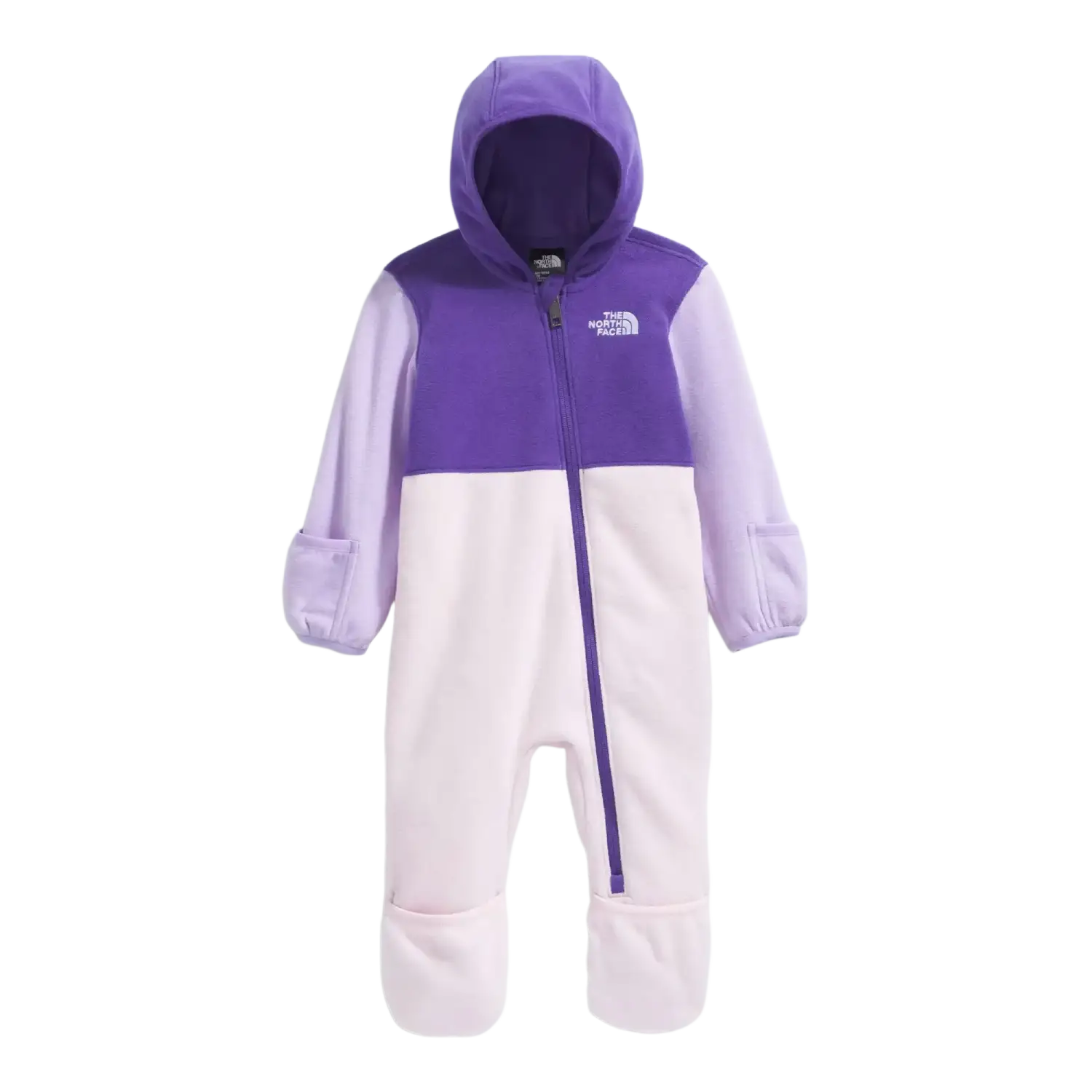 The North Face Baby Glacier One-Piece in Peak Purple Lite Lilac Pale Blossom, front view flat