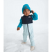 The North Face Baby Glacier One-Piece in Summit Navy Meridian Blue Polar Hazel, front view on model 