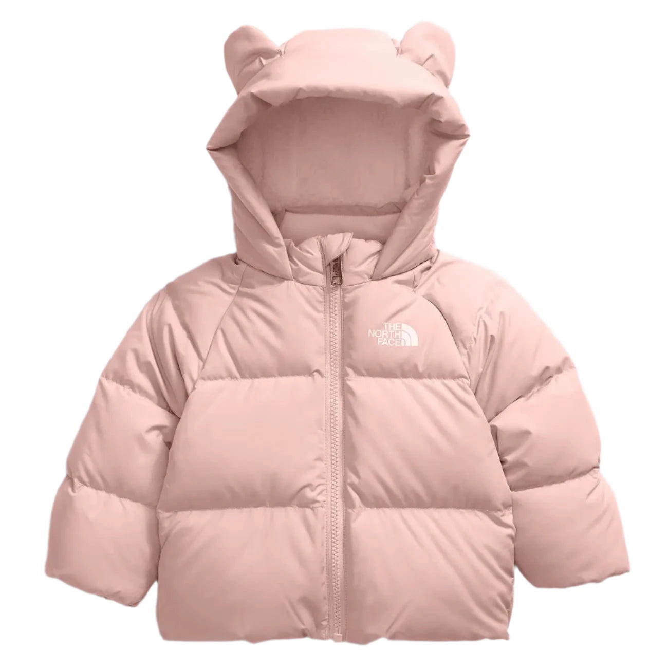 the north face baby north down fleece lined jacket in pink moss front flat view