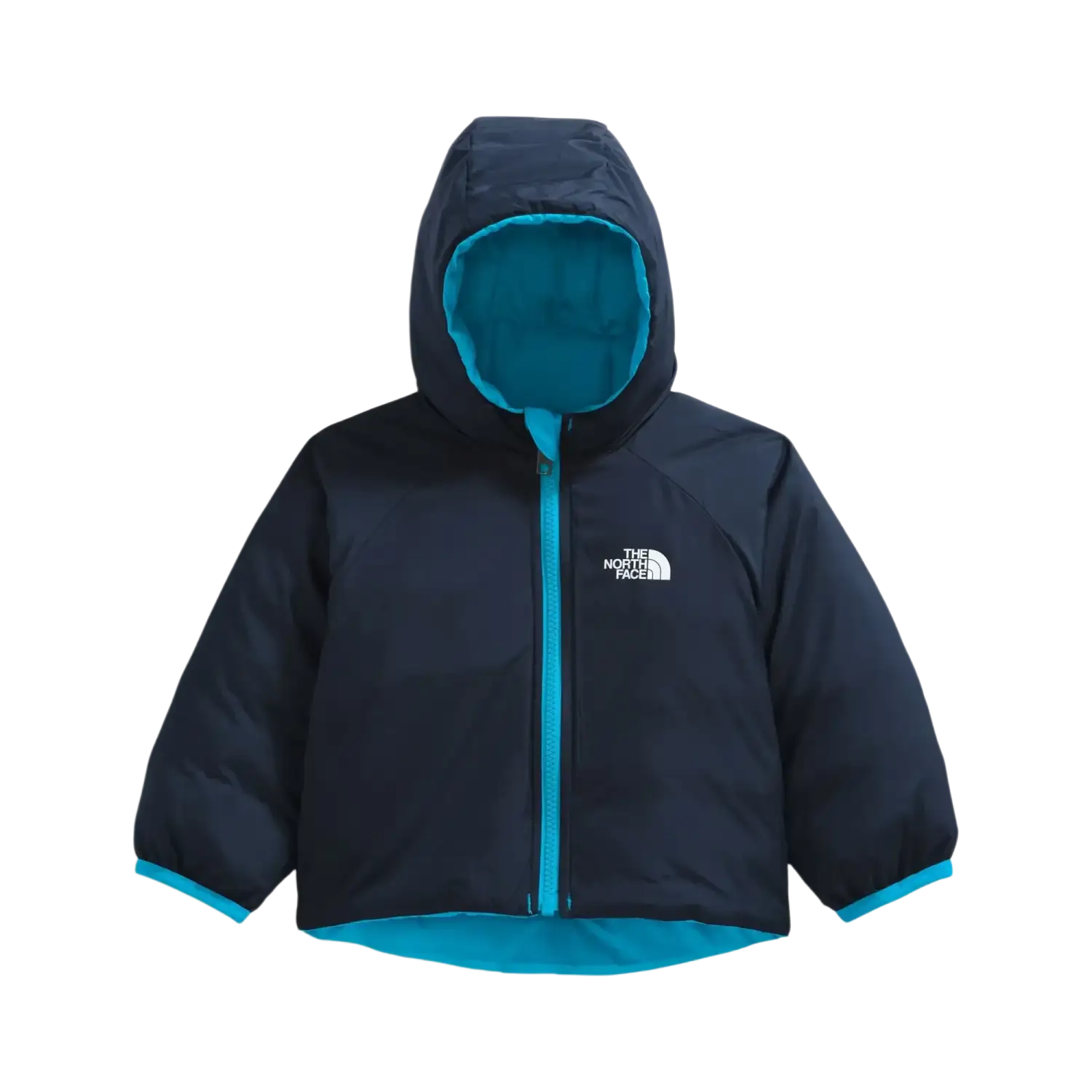 The North Face Baby Reversible Perrito Hooded Jacket in Meridian Blue, front inside view flat